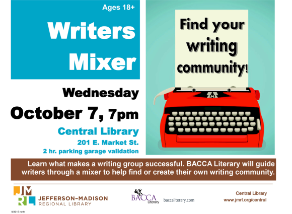 BACCA Literary welcomes area writers to a mixer on Wed 7 Oct 2015 at 7pm in downtown Charlottesville, VA